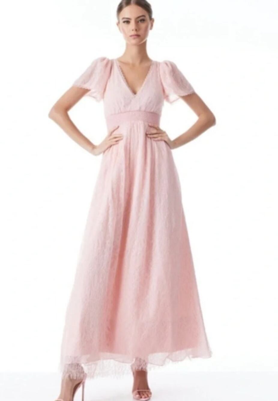New $595 ALICE & OLIVIA Charlsie Smocked Dress English Rose Pink Lace Long Sz 2